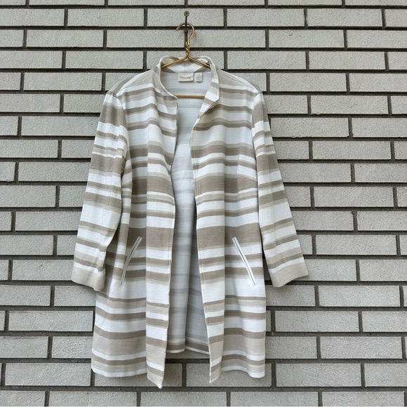 Chico’s Modern Striped Duster Jacket Tan White Neutral Blazer - Picture 7 of 10